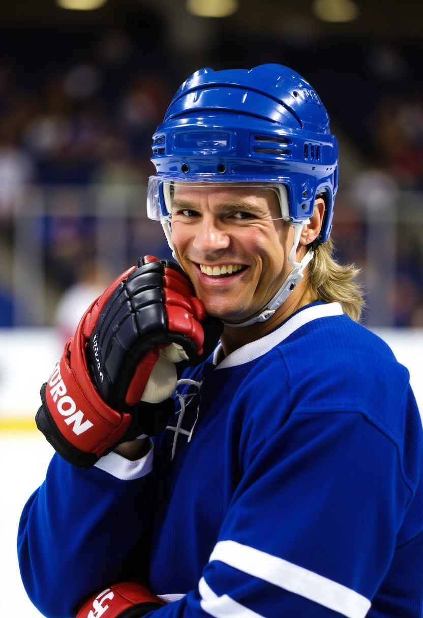 This is a photograph of a hockey player taken during a game. The player is wearing a bright blue hockey helmet with ventilation holes and a white face mask. He is smiling broadly, showing a sense of joy or satisfaction. The player's hair is visible beneath the helmet, suggesting it is slightly damp or sweaty, possibly due to exertion during the game. He is dressed in a royal blue jersey with white accents, and he has a white undershirt visible at the collar. His jersey has a visible manufacturer's logo in white, likely "Reebok," located on the left side of his chest. The player is holding a red and black hockey glove in his left hand, which is slightly raised and positioned near his face, possibly indicating a moment of rest or a break in the game. The background is blurred, but it appears to be an indoor ice hockey rink, with the ice surface and some visible lighting fixtures indicating the game is underway. The overall atmosphere of the image conveys a sense of excitement and camaraderie associated with the sport. M4CGYV3R