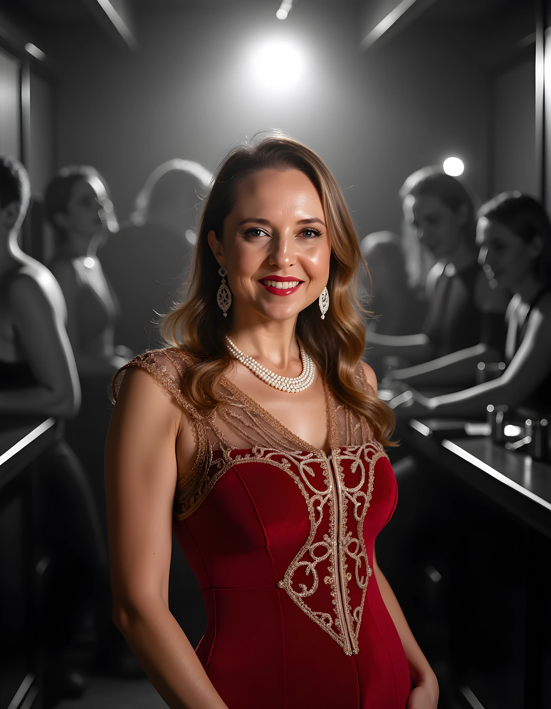 (full body shot), Lauren Borbert, glasses, 35 year old woman, wearing a tight gold dress, strapless, cleavage, sitting in a frand theater with red velvet chairs, happy,bokeh,f1.4,40mm,photorealistic,raw,8k,skin pores,dried-up,textured skin,intricate details,dramatic light,award winning,style by Dan Winters,RAW photography,film grain,(indistinguishable from reality:1.4),photo taken with a Bolex H16,captivating eyes,charming,striking features,character,thorough,