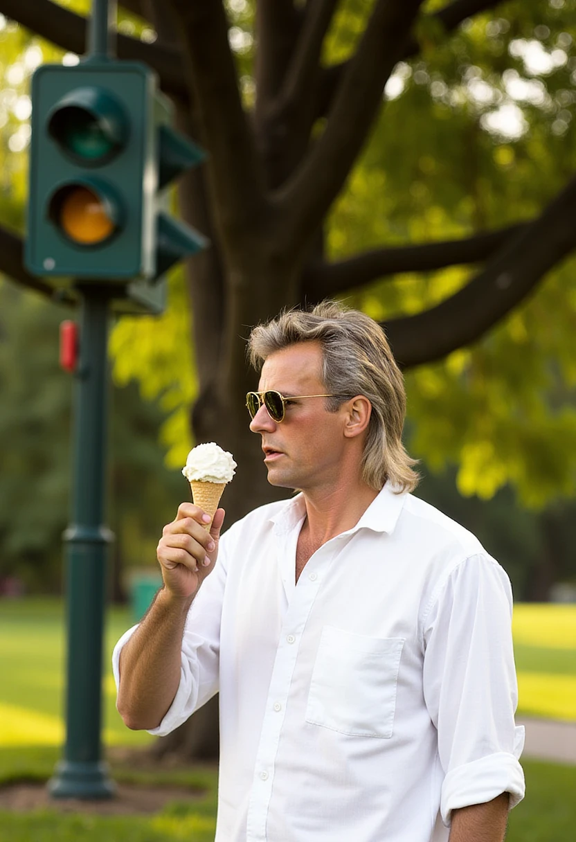 The image is a photograph featuring a man standing outdoors in a park-like setting. He is a Caucasian male with short, slightly graying hair and wearing aviator sunglasses. He is dressed in a white button-down shirt, which is slightly unbuttoned at the collar. He holds a vanilla ice cream cone in his right hand, with the tip of the cone near his mouth, suggesting he is about to take a bite. 

In the background, there is a traffic light mounted on a pole. The traffic light has three circular lenses, with the middle one lit in a bright yellow color, indicating a go signal. The traffic light is green, and the pole it is mounted on is dark green. Behind the traffic light, there is a large tree with thick, leafy branches that cast dappled sunlight on the scene. The ground is covered with grass, and there are hints of other trees and foliage in the blurred background, suggesting a serene, natural environment. 

The overall color palette is dominated by natural greens from the trees and the grass, with the man's white shirt and the traffic light's green providing contrast. The image captures a moment of casual, everyday life in a peaceful outdoor setting. M4CGYV3R