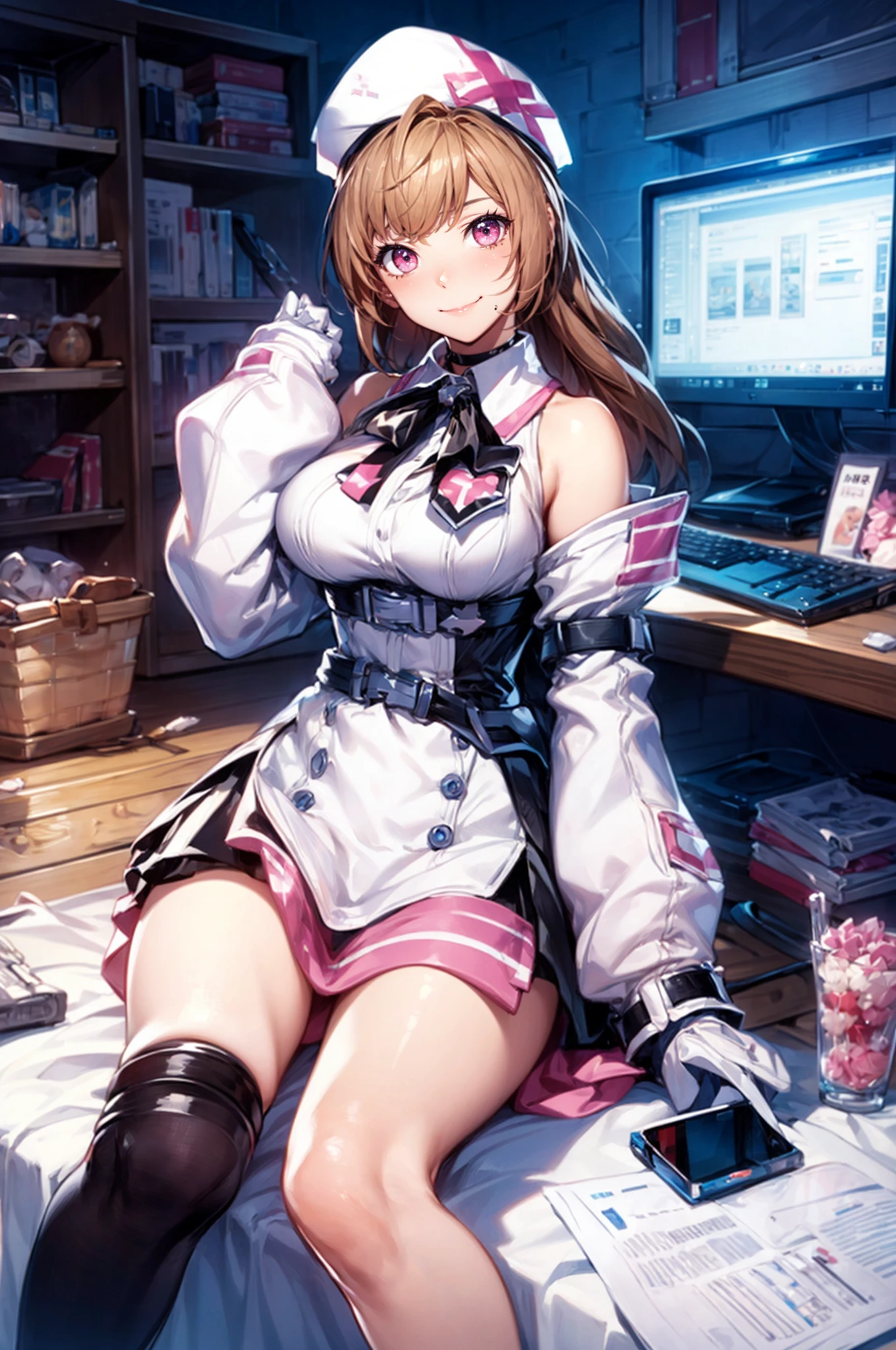 <lora:Yena_Hospital_Resident_AoV_Model_LoRA:0.8>, Yena_HPR, 1girl, solo, long hair, very long hair, braid, brown hair, hat, nurse, nurse cap, white headwear, looking at viewer, pink eyes, lips, smile, closed mouth, choker, neck ribbon, bare shoulders, dress, breasts, medium breasts, long sleeves, gloves, belt, see-through, legs, thighhighs, single thighhigh, socks, shoes, pink footwear
, hospital, computer desk, computer, medicine cabinet, medicine, basket
<lora:add_detail:1>
, ((upper body)), sitting, best quality, ultra high res, (photorealistic:1.4), masterpiece, real life skin, hyper real