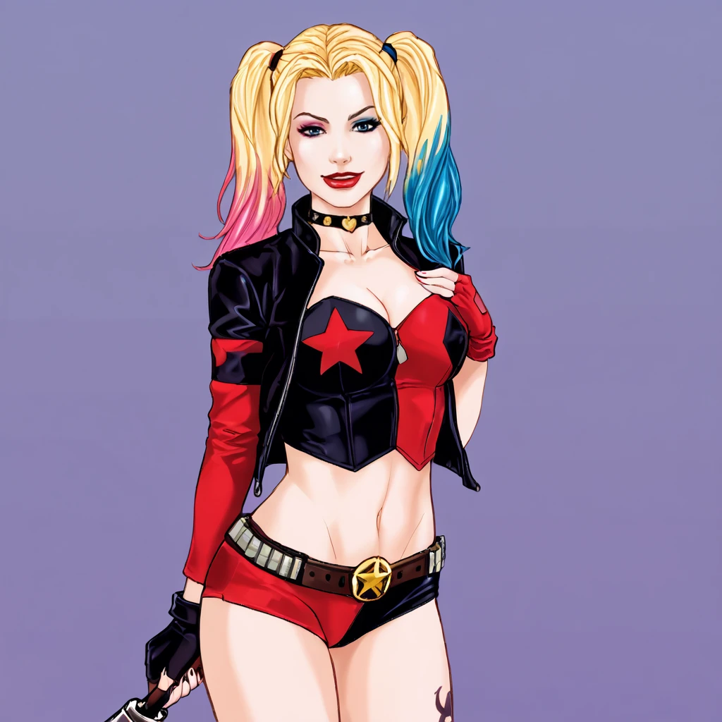 <lora:dickhammersmith4_pony_v1:.9>  dickhammersmith_style, dickhammersmith,  , cowboy shot <lora:harleyquinnrebirth_pony_v1:0.8> harleyquinnrebirth, 1girl, large  breasts, fingerless gloves, twintails, short shorts, open jacket, blonde hair, makeup, multicolored hair, cleavage, single glove, choker, belt, blue eyes, heart, eyeshadow, spiked bracelet, spikes, midriff, blue hair, crop top, nose, open clothes, lipstick, jewelry, tattoo, red gloves, black jacket, cowboy shot