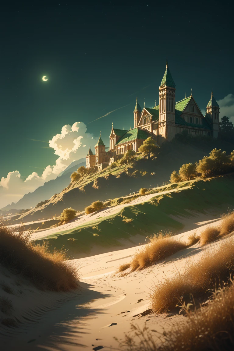 score_9, score_8_up, score_7_up, source_anime, rating_safe, night, dark, natural lighting, sand-structure focus, Dasand, Dasand_architecture, green sand, plant, intricately detailed illustration, atmospheric perspective, depth of field, realistic shading, green theme