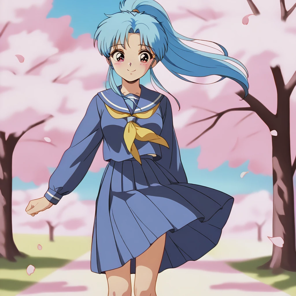 yuyubotan, blue hair, long_hair, ponytail, purple_eyes, parted_bangs, medium breasts, retro_artstyle, 1990s_\(style\), serafuku, pleated skirt, long_sleeves, yellow neckerchief, blush, smile, 
shiny skin, outdoors, school, day_time, wind, cherry_blossoms, tree,  falling_petals,
<lora:yuyu_botan_Dora_rios_v10:1>