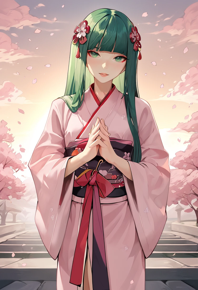 score_9,score_8_up,score_7_up,score_6_up,score_5_up,zPDXL3,zPDXLxxx,
<lora:PinkuMan_style:1>,pinkuman,
1girl,solo,green eyes,pink kimono,green hair,hair ornament,cherry blossoms,absurdly long hair,straight hair,hime cut,side blunt bangs,sunset,clouds,Japanese buildings on the background,own hands together,