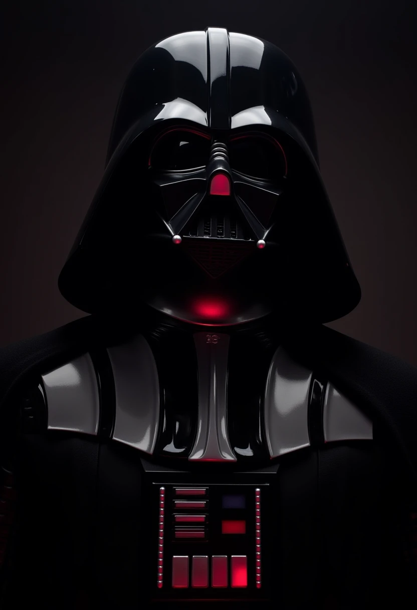 The image is a realistic photograph, dramatic style, showcasing Darth Vader, a character from the Star Wars franchise. Vader is depicted in his iconic black armor, with a menacing helmet that covers his entire head, featuring a distinctive red glow emanating from the eye slits and mouth area. His armor is sleek and glossy, with a high sheen that catches the light, creating a dramatic, almost supernatural aura.