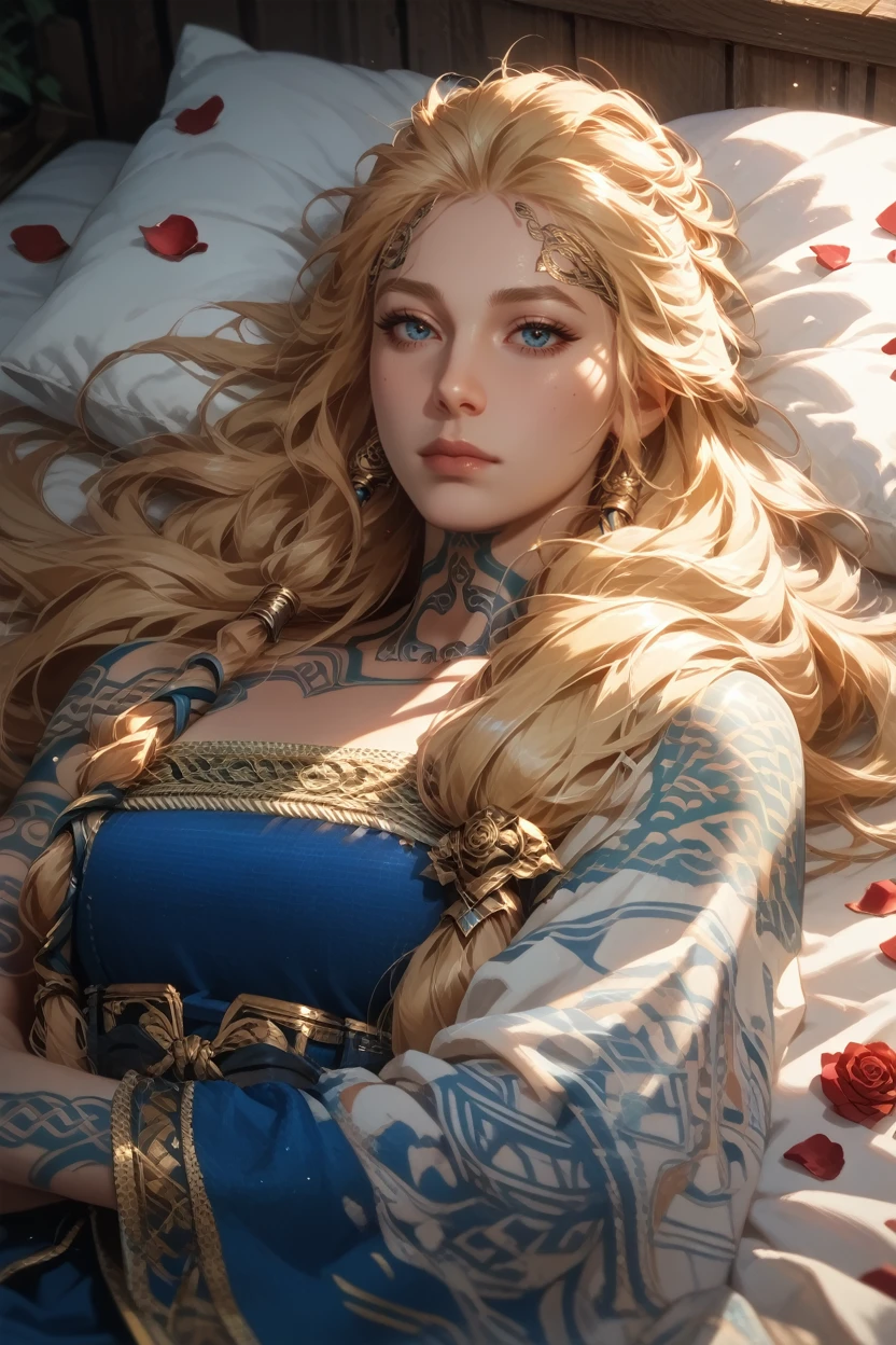 score_9, score_8_up, score_7_up,
 <lora:GOWSif:0.8>
GOWSif, 1girl, blonde hair, blue eyes, long hair, tattoo, looking at viewer, sleeping in a bed, rose petals, closed eyes