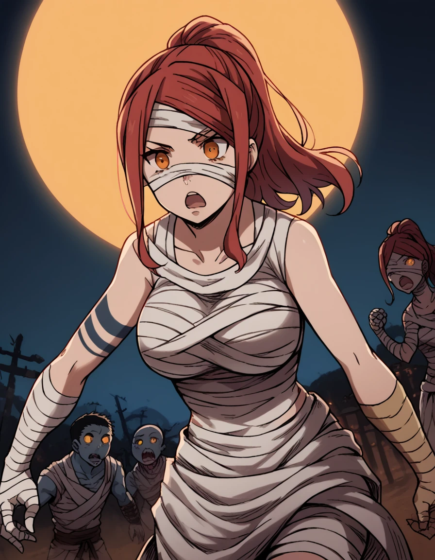 score_9, score_8_up, score_7_up, source_anime, <lora:lisa-isaribe-s1-ponyxl-lora-nochekaiser:1>, lisa isaribe, long hair, ponytail, red hair, orange eyes, large breasts,, <lora:mummy-costume-ponyxl-lora-nochekaiser:1>, mummy costume, bandages, halloween costume, bandaged arm, zombie pose, bandage on face,, desert, moon, night, open mouth, , dutch angle, cowboy shot