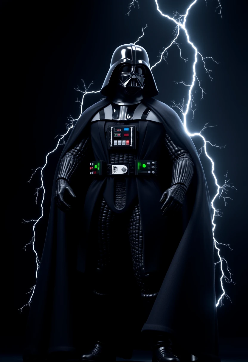 The image is a realistic photograph, dramatic style, showcasing Darth Vader, a character from the Star Wars franchise. Vader is depicted in his iconic black armor, with a menacing helmet that covers his head. Darth Vader his body is run through with electricity making his skeleton visible. His armor is sleek and glossy, with a high sheen that catches the light, electric shock. 