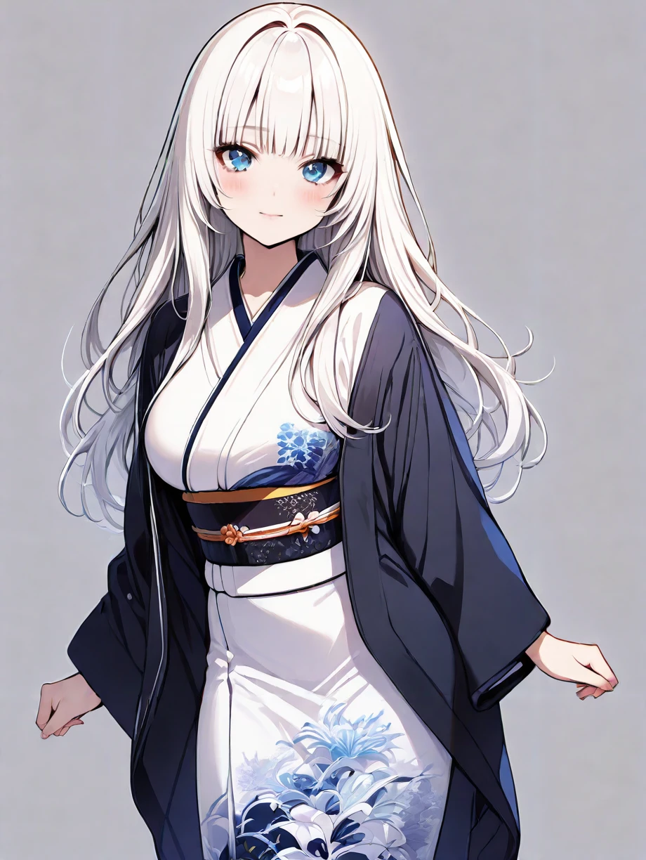 masterpiece,ultra-detailed,best quality,8K,illustration,CG,cute face,clean skin ,shiny hair,girl,middle breats,ultra-detailed-eyes,simple background,white hair, blue eyes ,kimono <lora:hime cut_XL_illustrious_V1.0:1> hime cut, long hair