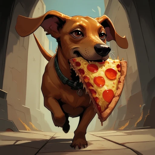 Digital ilustration in style of NeonhadesmixV2 of a dachshund running away with a big slice of pizza in his mouth