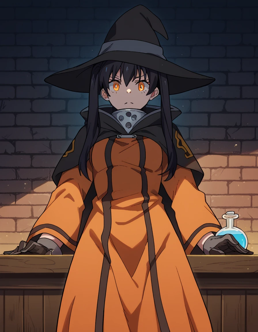 score_9, score_8_up, score_7_up, source_anime, <lora:tamaki-kotatsu-s1s2-ponyxl-lora-nochekaiser:1>, tamaki kotatsu, long hair, bangs, black hair, twintails, medium breasts, yellow eyes, orange eyes,, <lora:wizard-ponyxl-lora-nochekaiser:1>, wizard, wizard hat, robe, dress, long sleeves, gloves,, indoors, bricks, potion, flask, vial,, cowboy shot,, , dutch angle, cowboy shot