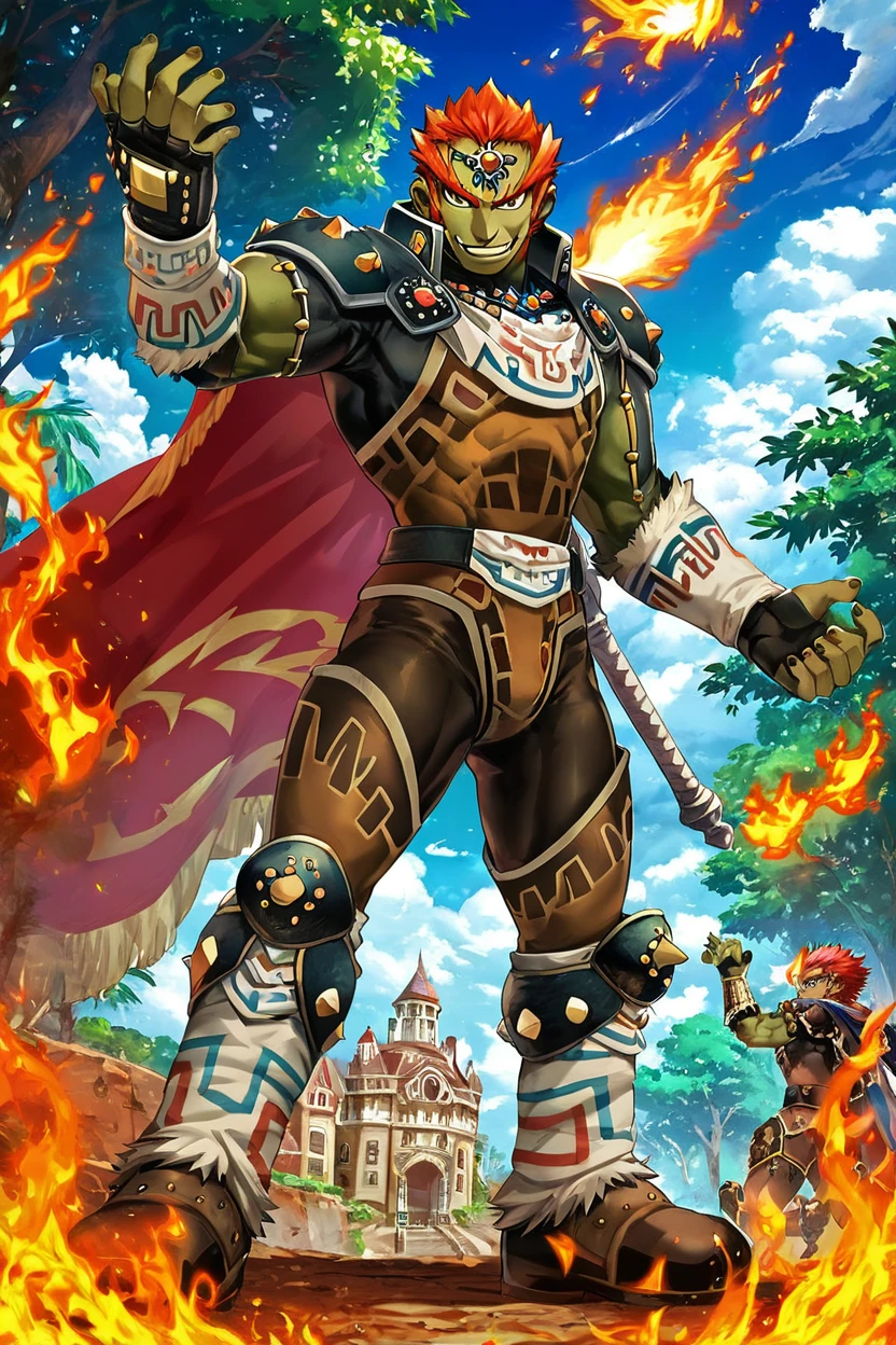 score_9, score_8_up, score_8,   BREAK, , ,,, zzGanondorf, 1boy, red hair, dark skin, armor, gloves, jewelry, boots, muscular, shoulder pads, short hair, cape, muscular,  fire, aura,  <lora:Ganondorf_OoTZelda_PDXL:0.8>,   ,,,, BREAK, smile, looking at viewer, cowboy shot, ,,, outdoors, sky, day, cloud, tree, blue sky, sunny,  ,,, Expressiveh, ,,, <lora:Alola_Style_PDXL:0.8>, <lora:Expressive_H-000001:0.4>,