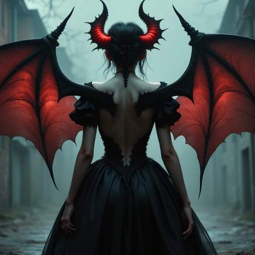  The image showcases a fantasy scene featuring a woman who is the central figure. She is adorned in a dark nightgown or dress, which stands out against the otherwise light-colored background. What makes this image truly unique and intriguing is the presence of two large, bat-like wings sprouting from her back shoulders. These wings are not just any ordinary pair; they appear to be demonic in nature, adding an air of mystery and perhaps a hint of danger. The woman's back is turned towards us, inviting viewers to imagine what might lie ahead in this fantastical world. 