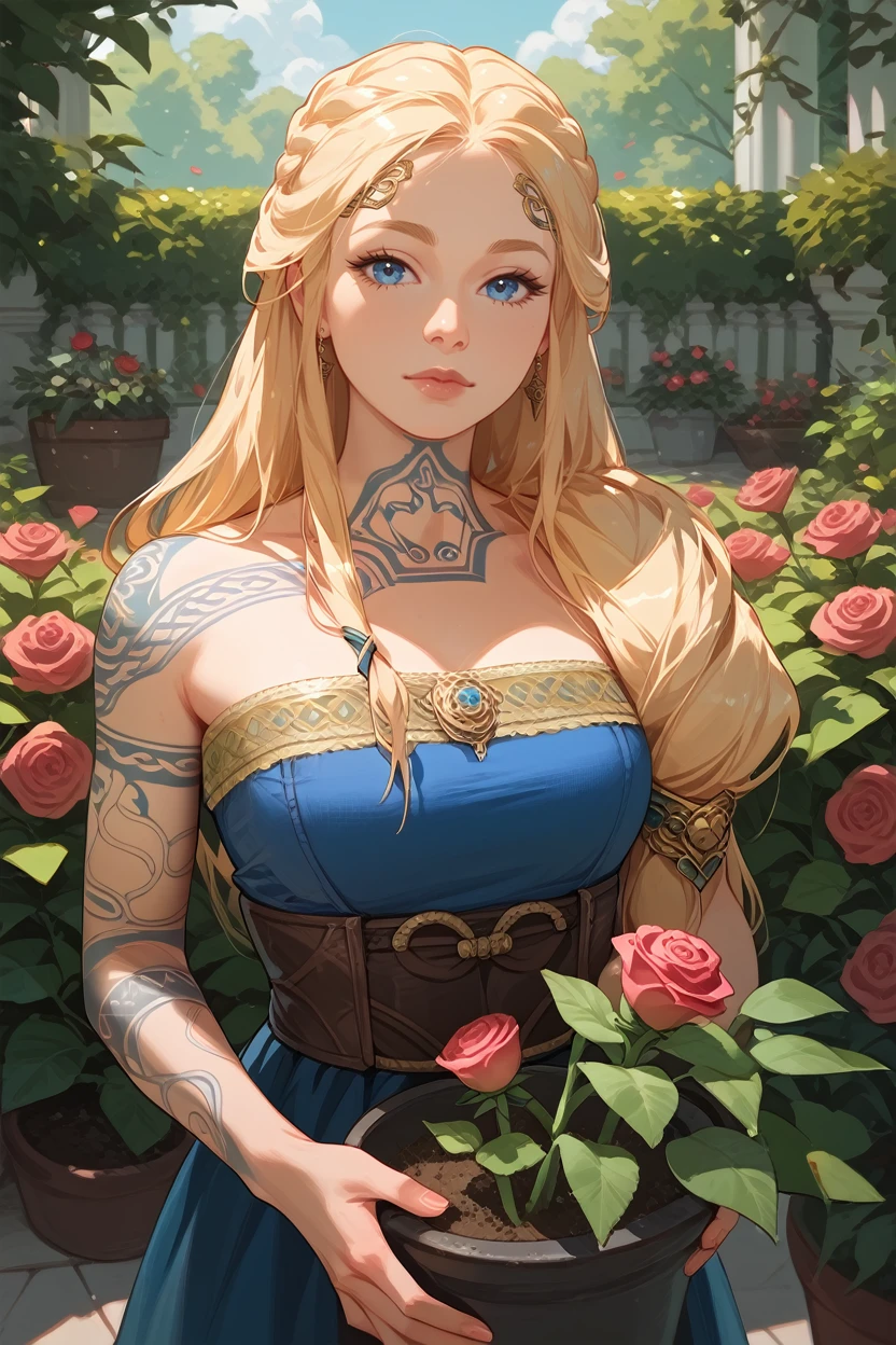 score_9, score_8_up, score_7_up,
 <lora:GOWSif:0.8>
GOWSif, 1girl, blonde hair, blue eyes, long hair, tattoo, looking at viewer, rose garden, gardening, floral background