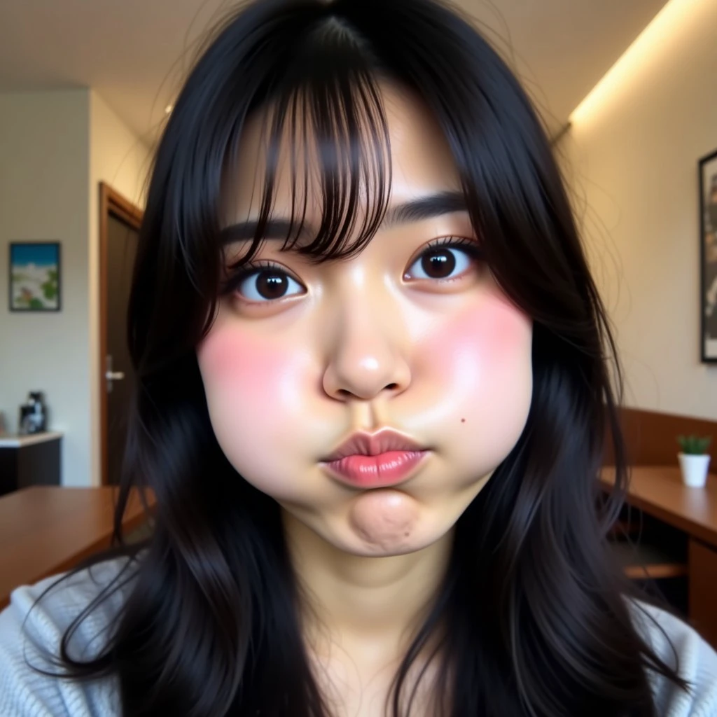 A real life photo of a woman with puffedoutcheeks. The woman is Japanese. She looks at the viewer, and her head is tilted to the side slightly and also slightly looking down. Her cheeks are puffed out, round and full of air. Her puffedupcheeks are especially round and full. Her lips are puckered. She has black hair. Light reflects off of her puffedupcheeks. The indoors is in the background of the woman. The photo is an upper body shot.