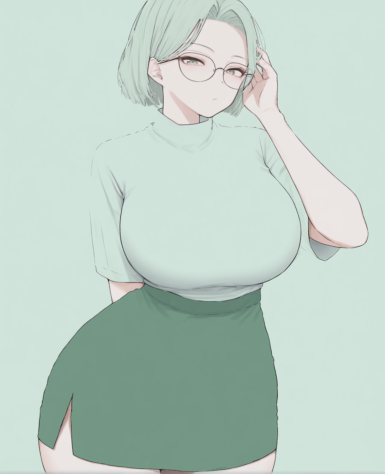 blending,source_anime, score_9, score_8_up, score_7_up, score_6_up, score_5_up, 1girl, large breasts, wide hips, posing, pale skin, hand on own face, glasses,  green skirt, green hair, green  background, <lora:Blending:1.25>