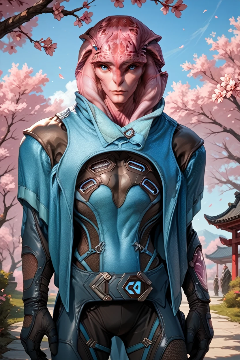 score_9, score_8_up, score_7_up,
<lora:MEAJaal:1.0>
MEAJaal, 1boy, alien, pink skin, blue eyes, looking at viewer, Beneath a cherry blossom tree in bloom, modern suit with a hint of traditional influence, Stoic expression, cowboy shot