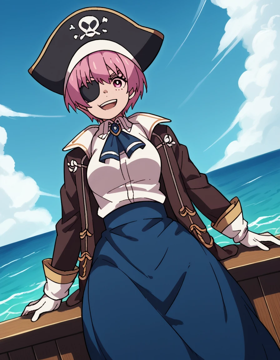 score_9, score_8_up, score_7_up, source_anime, <lora:inca-kasugatani-s2-ponyxl-lora-nochekaiser:1>, inca kasugatani, short hair, pink hair, pink eyes, medium breasts,, <lora:pirate-costume-ponyxl-lora-nochekaiser:1>, pirate costume, pirate hat, skirt, gloves, jacket, shirt, eyepatch,, blue sky, sea, ocean, pirate ship, treasure, gold, smug, open mouth, from below, sitting,, , dutch angle, cowboy shot