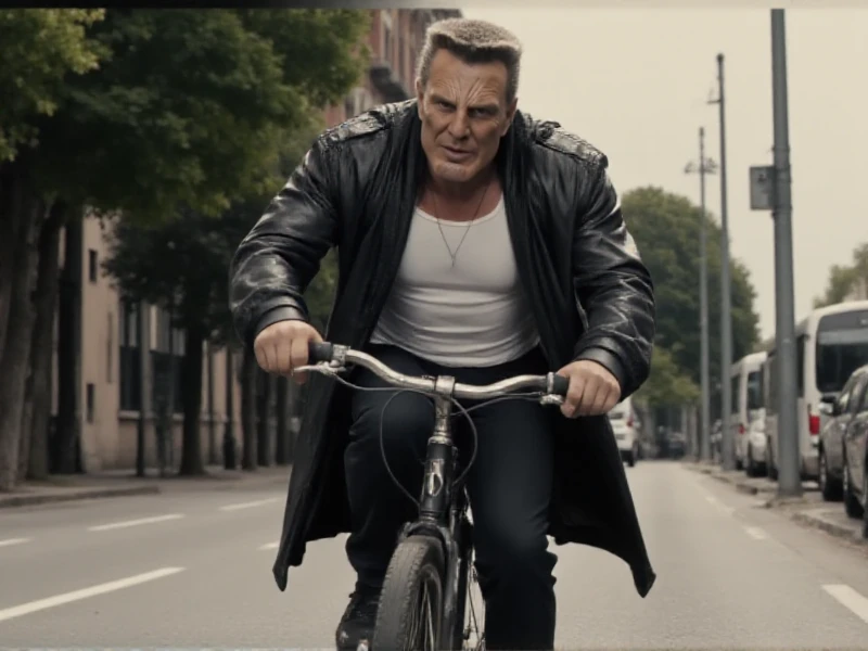 Marv wears a white tshirt and a long leather jacket. He is riding a bicycle <lora:Marv:0.9>