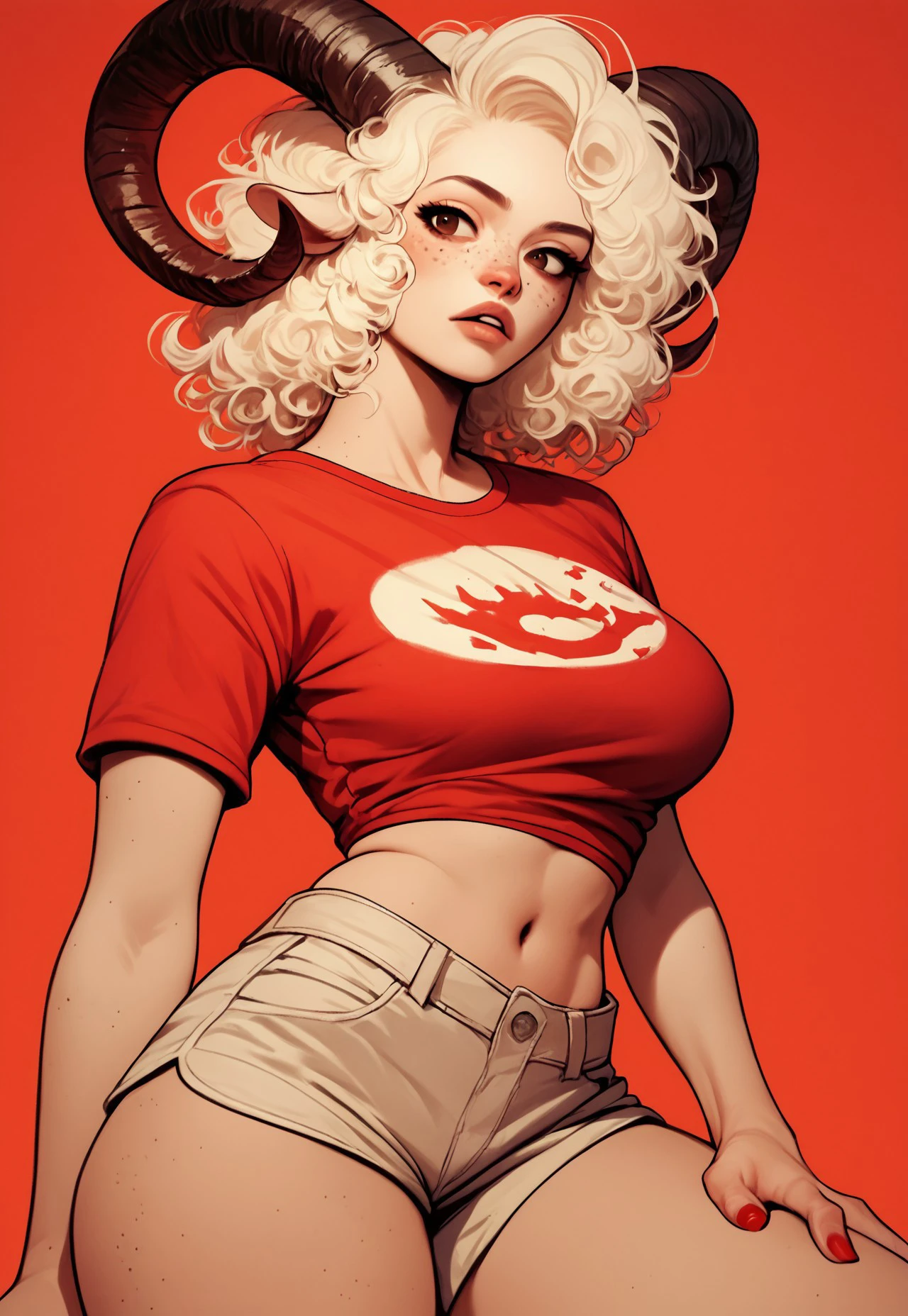 safe_pos, r3dsh1rtd3m0n, A (demon girl:1.3) with (white curly hair:1.2) and (freckles:1.1), featuring (sheep horns:1.4) and (demon horns:1.4), wearing a (red shirt:1.3) and (shorts:1.2), showcasing (cleavage:1.2) and (midriff:1.2), against a (vibrant red background:1.3), (large breasts:1.3), (parted lips:1.2), (brown eyes:1.1), (red nails:1.2), playful and confident pose, (short sleeves:1.1), emphasizing (body freckles:1.1)score_9, score_8_up, score_7_up, score_6_up, score_5_up, score_5_up, score_4_up