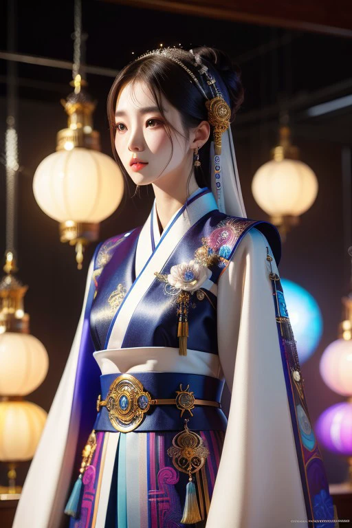 (High quality), (masterpiece), (detailed), 8K, A stunning hyper-realistic portrait of a Korean woman, her upper body adorned in a fusion of traditional hanbok and futuristic fashion. (Intricate embroidery1.2) meets (modern aesthetics1.2), creating a unique blend of (past and future1.2). (Sleek metallic accessories1.3) contrast with (vibrant traditional colors1.3), while her (confident gaze1.2) captures the essence of a culture embracing innovation. (Volumetric lighting1.2) enhances the (three-dimensionality1.2) of the scene, emphasizing the subject's (dynamic presence1.2). Trending on ArtStation.