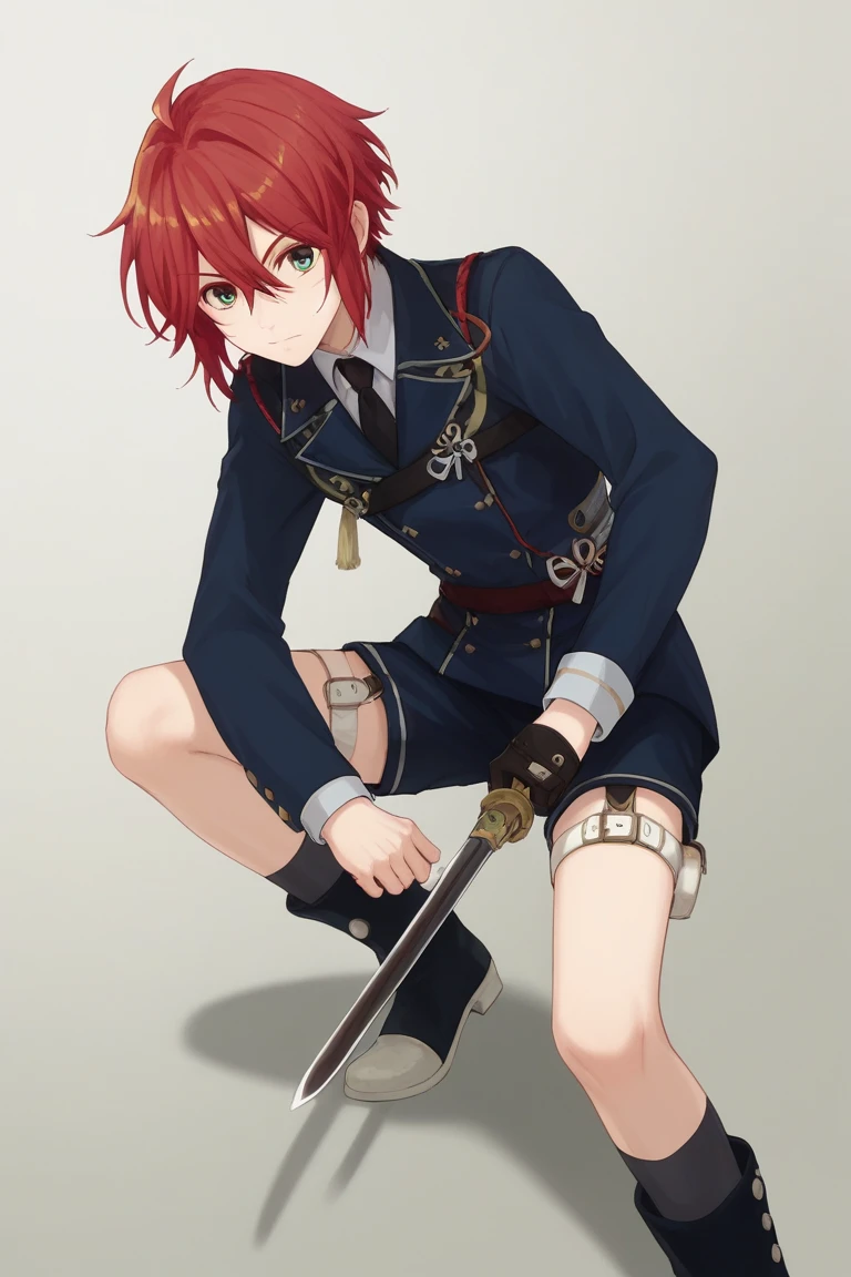 score_9, score_8_up, score_7_up, score_6_up, shinano toushirou, red hair, green eyes, hanamaru style, 1boy, male focus, solo, weapon, shorts, uniform, japanese armor, short sword, military uniform, military