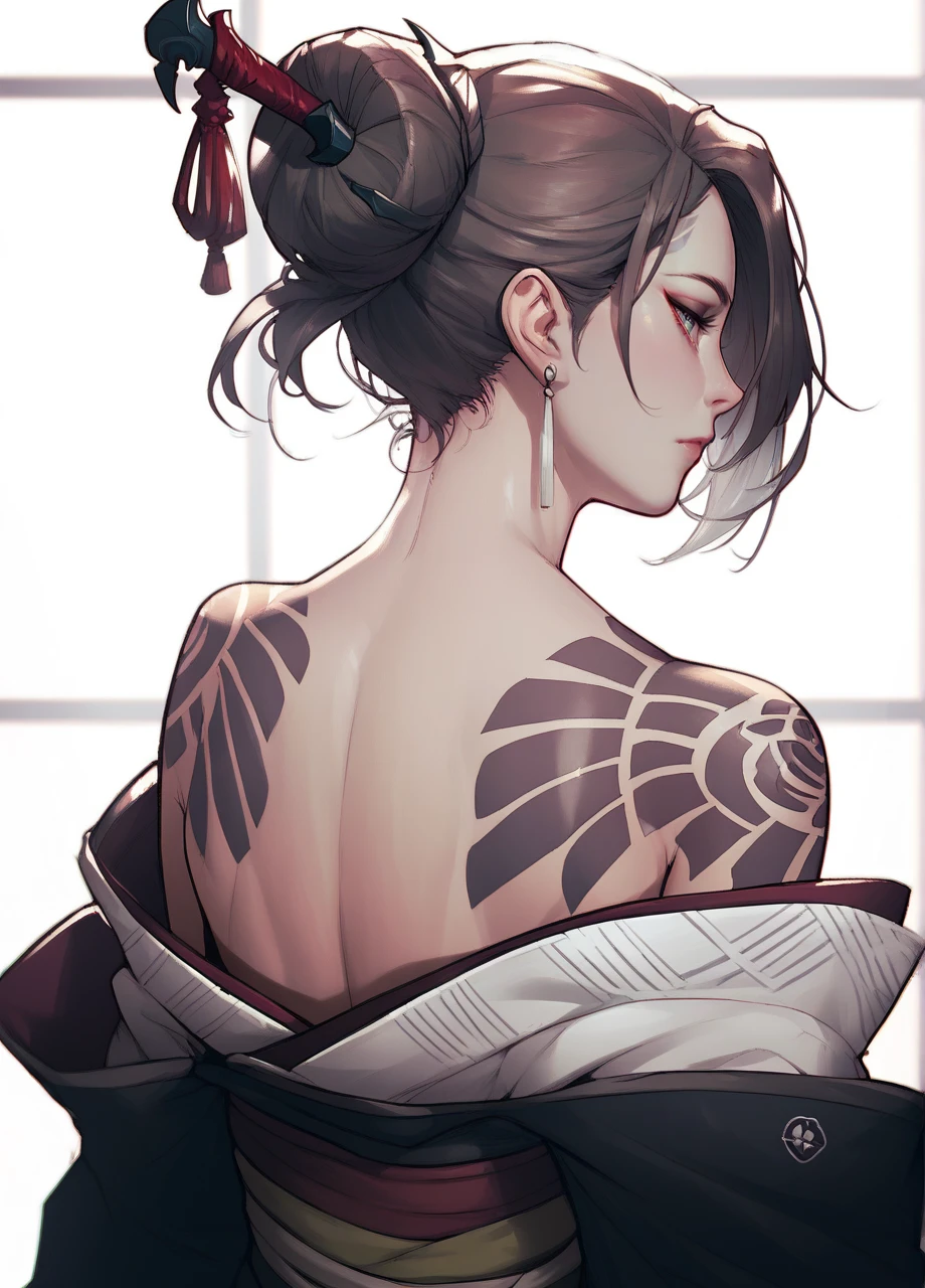 <lora:Nier_Akeha-PONY:0.8> nierakeha, mature female, back to viewer, hair bun, earrings, hair stick, kimono, shoulder tattoo, sjapanese clothes, off shoulder, white background, anime, score_8_up, score_7_up, score_6_up, score_5_up, score_4_up,