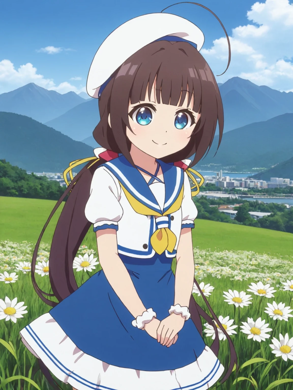 1girl,hinatsuru ai,solo,blue eyes,low twintails,ahoge,white beret,hair ribbon,summer_sailor_collar,neck strap,yellow neckerchief,puffy short sleeves,layered sleeves,white wrist scrunchie,blue skirt,grass,mountain,smile,flower,skyline,<lora:Hinatsuru ai-SDXL-lora-2024.10.20-version1:0.55>,