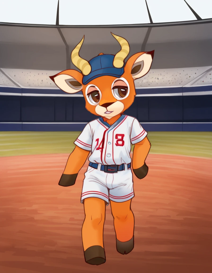 stadium,
 Beau, 1boy, solo, horns, furry, animal ears, tail, hooves, furry male, body fur, deer ears, goat horns, animal nose, brown eyes, long eyelashes, 
full body, seductive smile, parted lips, male focus, 
baseball uniform, baseball cap, 
 <lora:Beau_v04_PDXL:1>,
 <lora:add-detail-xl:1>,