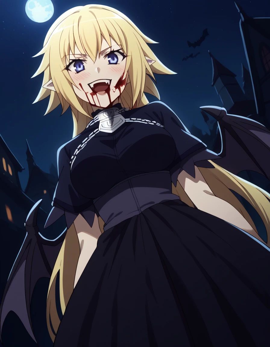 score_9, score_8_up, score_7_up, source_anime, <lora:jeanne-d-arc-apocrypha-s1-ponyxl-lora-nochekaiser:1>, jeanne d arc, blonde hair, blue eyes, long hair, large breasts,, <lora:vampire-ponyxl-lora-nochekaiser:1>, vampire, red eyes, pointy ears, fangs, bla...