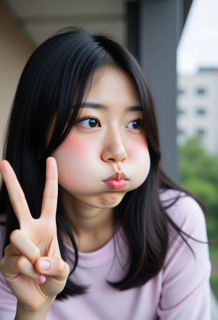 A real life photo of a woman with puffedoutcheeks. The woman is Japanese. She looks at her iPhone. Side on view. Her cheeks are puffed out, round and full of air. The camera is from a third person perspective as we watch her take her photo. She is holding a peace sign with one hand, holding her phone with the other. She has a playful expression. Her lips are puckered. She has black hair. Light reflects off of her puffedupcheeks. The outside of a building is in the background of the woman. The photo is an upper body shot.