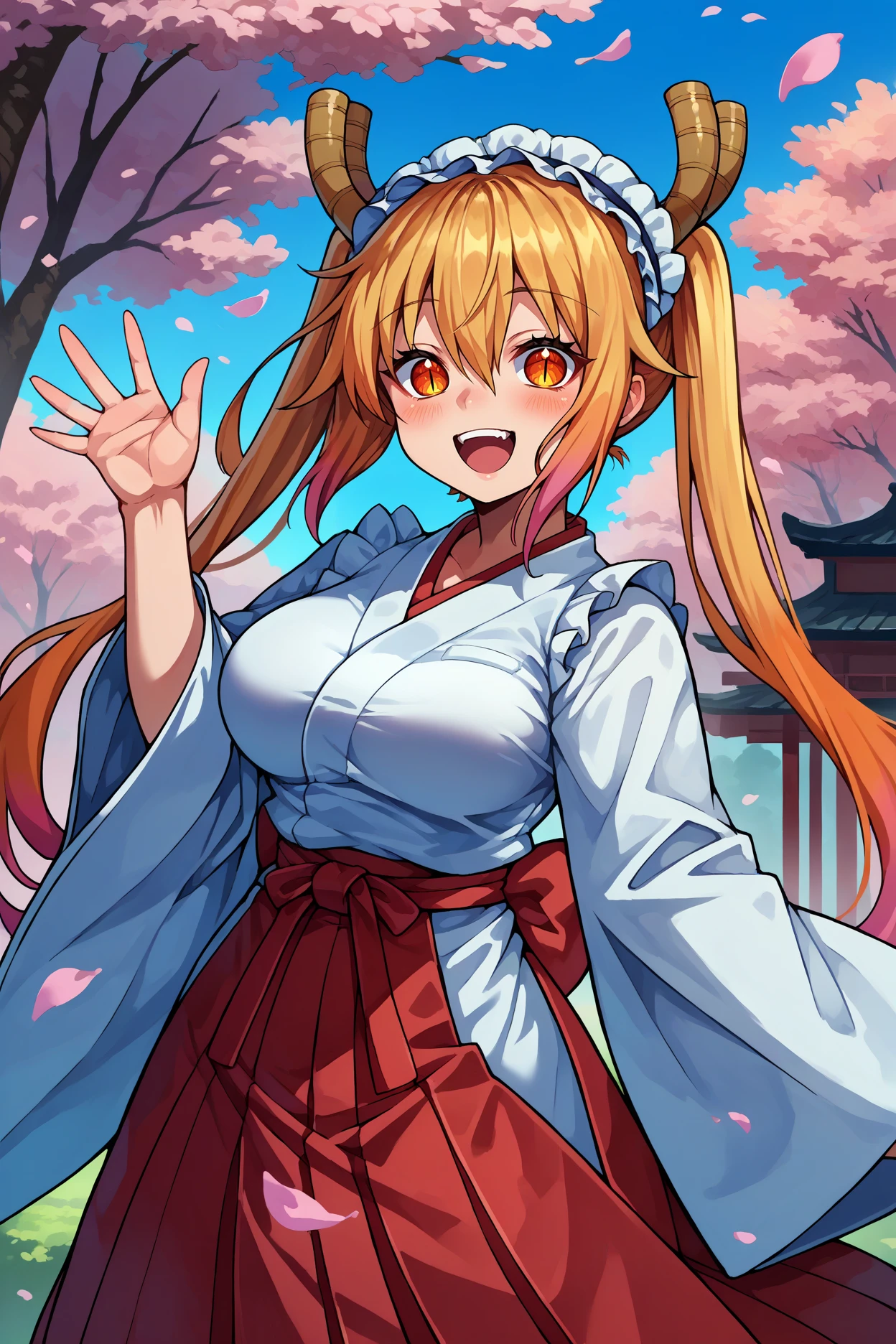 score_9, score_8_up, score_7_up, score_6_up, source_anime, 1girl, solo, <lora:tohru-pdxl-nvwls-v1-000005:1> mdrgtru, blonde hair, twintails, orange hair, gradient hair, orange eyes, slit pupils, horns, headdress, large breasts, white kimono, red hakama skirt, miko, happy, blue sky, cherry blossoms, waving, looking at you, wide sleeves, blush