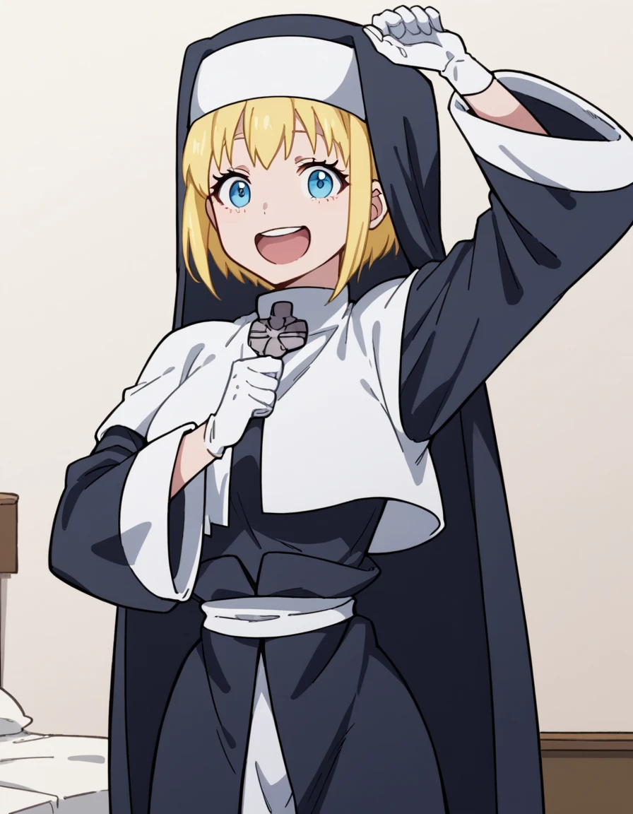 score_9, score_8_up, score_7_up, source_anime, <lora:fireforce-iris-s1s2-ponyxl-lora-nochekaiser:1>, iris, short hair, blonde hair, blue eyes, medium breasts,, gloves, long sleeves, white gloves, robe, nun, habit, bedroom, alarm clock, morning routine, yawning, stretching, on bed,, smile, smile, looking at viewer, solo,, dutch angle, cowboy shot