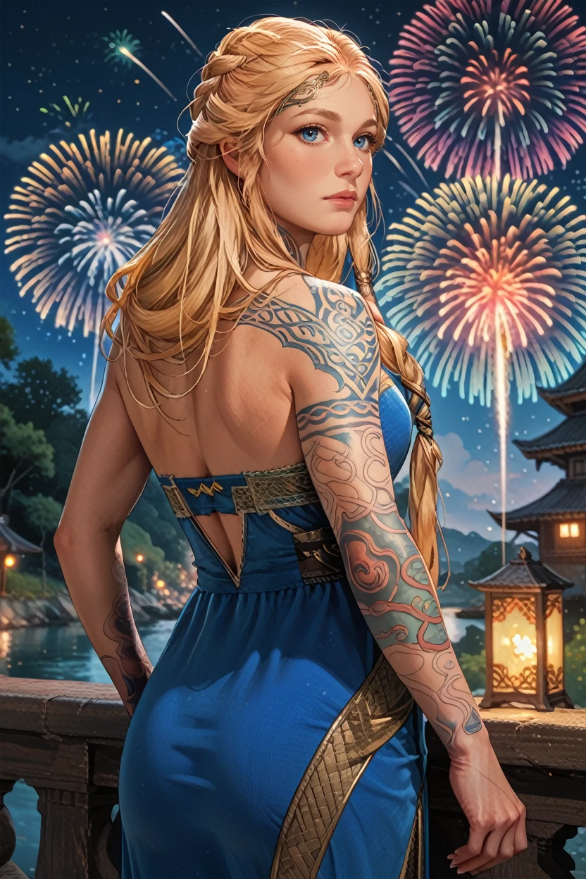 score_9, score_8_up, score_7_up,
 <lora:GOWSif:0.8>
GOWSif, 1girl, blonde hair, blue eyes, long hair, tattoo, looking at viewer, from behind, cowboy shot, dress, looking back, fireworks, at night