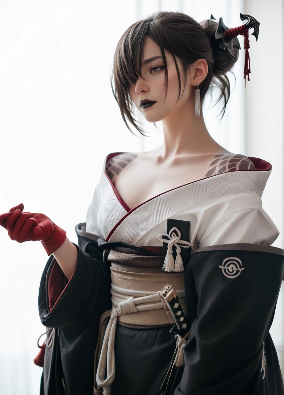 photo, nierakeha, 1girl, solo, hair over one eye, hair bun, mole under eye, pale, black lipstick, earrings, hair stick, kimono, sash, katana:0.8, shoulder tattoo, japanese clothes, off shoulder, cowboy shot, red gloves, white background <lora:Nier_Akeha-PONY:0.8>, score_8_up, score_7_up, score_6_up, score_5_up, score_4_up,