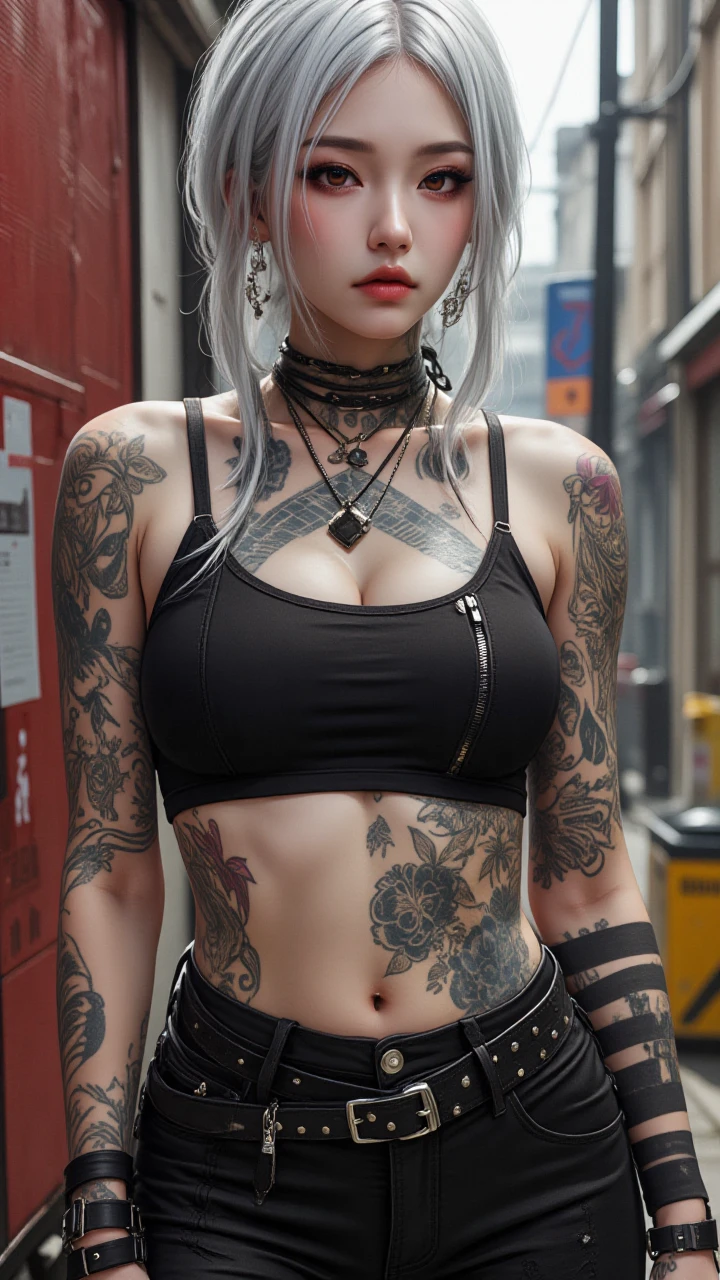 A photorealistic image of a woman,street wear,tattoo, white hair,zaiji