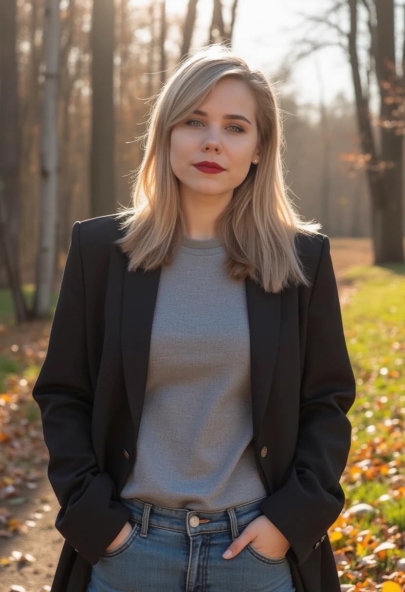 an amateur photo of darjadugina, a woman, wearing lipstick and modest casual autumn clothes and jeans on a sunny autumn day.