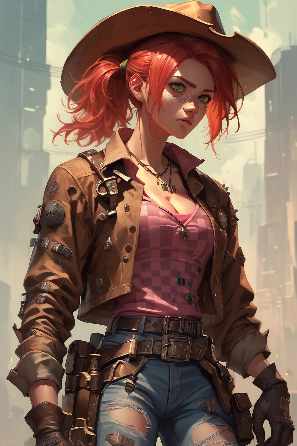 <lora:Midjourney_Style_Pony:.9>,  red hair, medium hair, sidelocks, ponytail, green eyes, cowboy hat, necklace, cleavage, pink shirt, checkered shirt, belt, torn jeans, gloves, brown jacket, patchwork clothes, gloves, solo, score_9, score_8_up, score_7_up, masterpiece, high quality, 8K