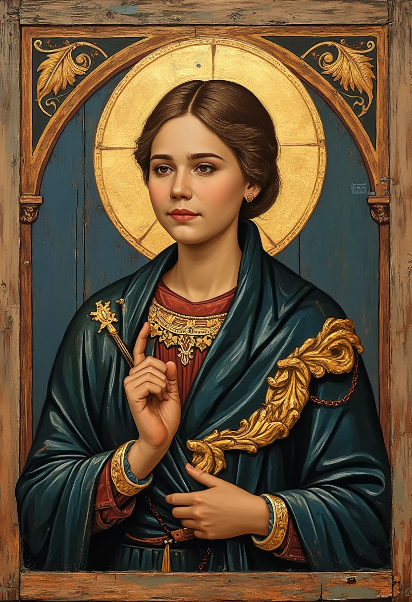 darjadugina as a stylized russian icon of an Orthodox Catholic saint. The flatly shaded image is painted on wood. It features gold elements and a golden halo on an old wooden background and an ornamental border. The icon only uses a few colors. The artstyle of the image matches that of Russian orthodox iconography of the 16th and 17th century.