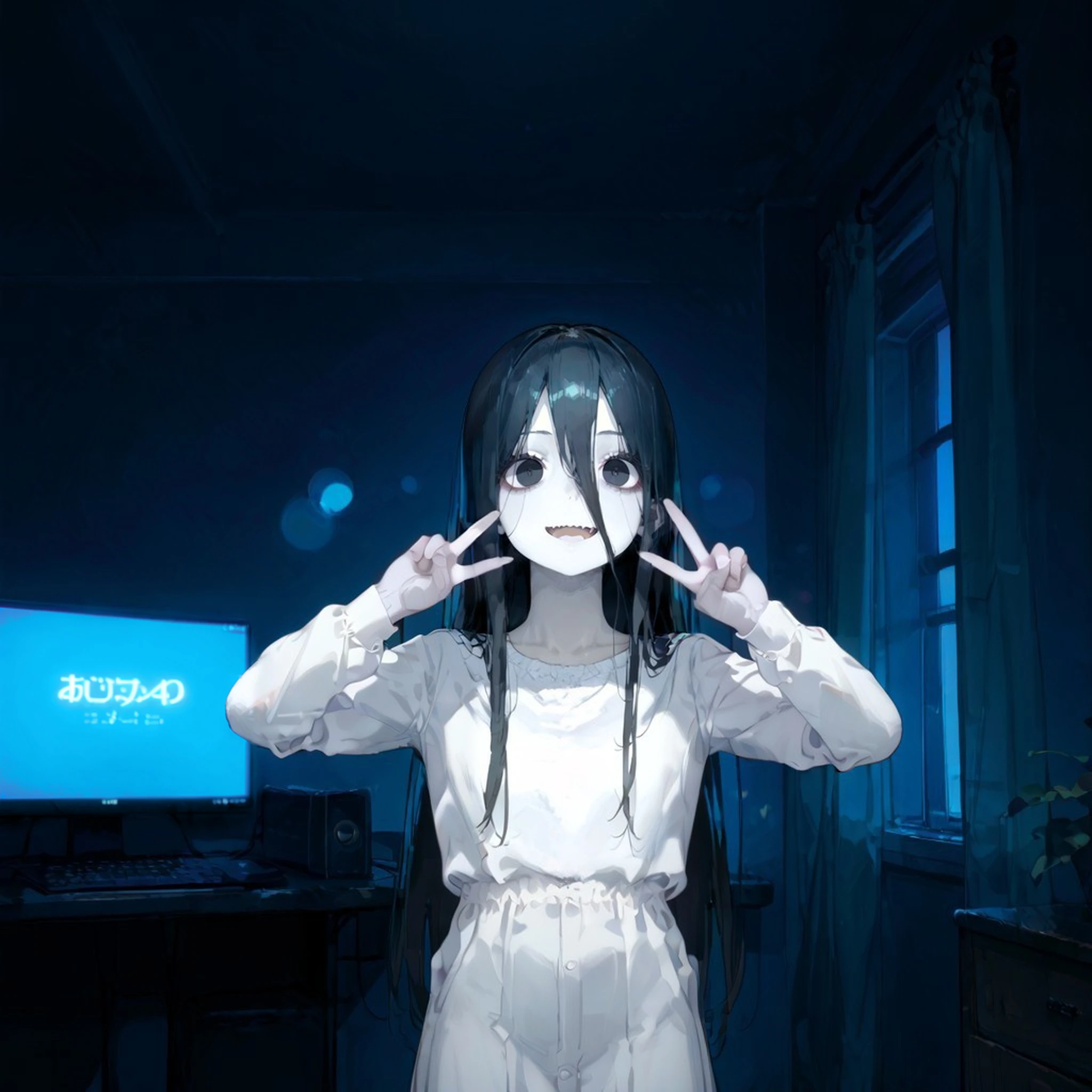 1girl,(close-up:1.1),solo,straight hair, long hair, black hair, black eyes, hair over one eye, long bangs, skinny, white spooky dress, simple dress, long sleeves ,(gray skin:1.3) ,(yamamura sadako:1.3), expressionless, (jitome:1.2), open mouth, double v, smile
score_9, score_8_up, score_7_up,score_6_up,best quality, hires, 
(dark:1.3) room, indoors, blurry background, (night, simple black background,behind huge window, neon light, bokeh:1.2)
[realistic,3d::0.5]
<lora:Dark_room-Pony:0:0.8>,<lora:DobunezuMix-Pony:0:0.1:lbw=ALL:stop=20>,<lora:Fixhands_anime_bdsqlsz_V1:1> 
zPDXL2