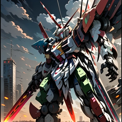 embers, open hands, looking at viewer, robot, building, armor, cloud, realistic, mobile suit, v-fin, sharp teeth, holding sword