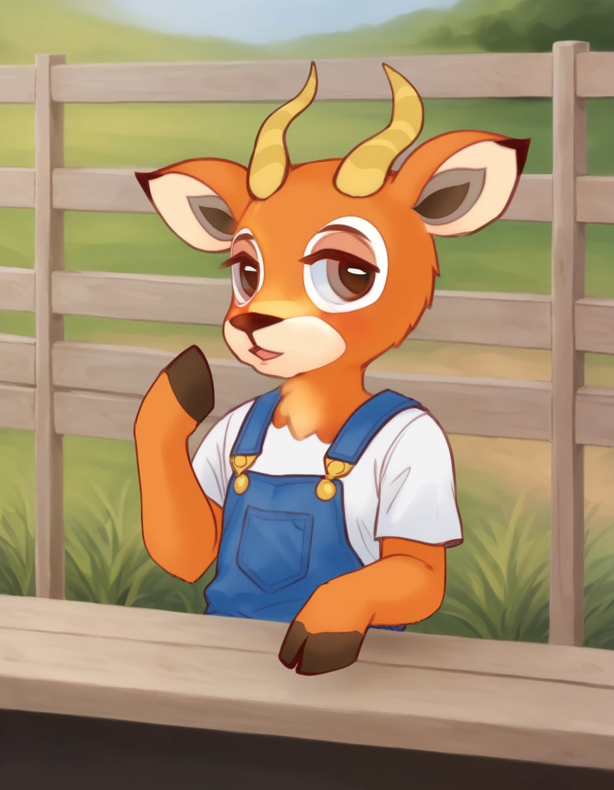 outdoors,
 Beau, 1boy, solo, horns, furry, animal ears, tail, hooves, furry male, body fur, deer ears, goat horns, animal nose, brown eyes, long eyelashes, 
upper body, seductive smile, parted lips, male focus, 
white shirt, blue overalls, 
 <lora:Beau_v04_PDXL:1>,
 <lora:add-detail-xl:1>,