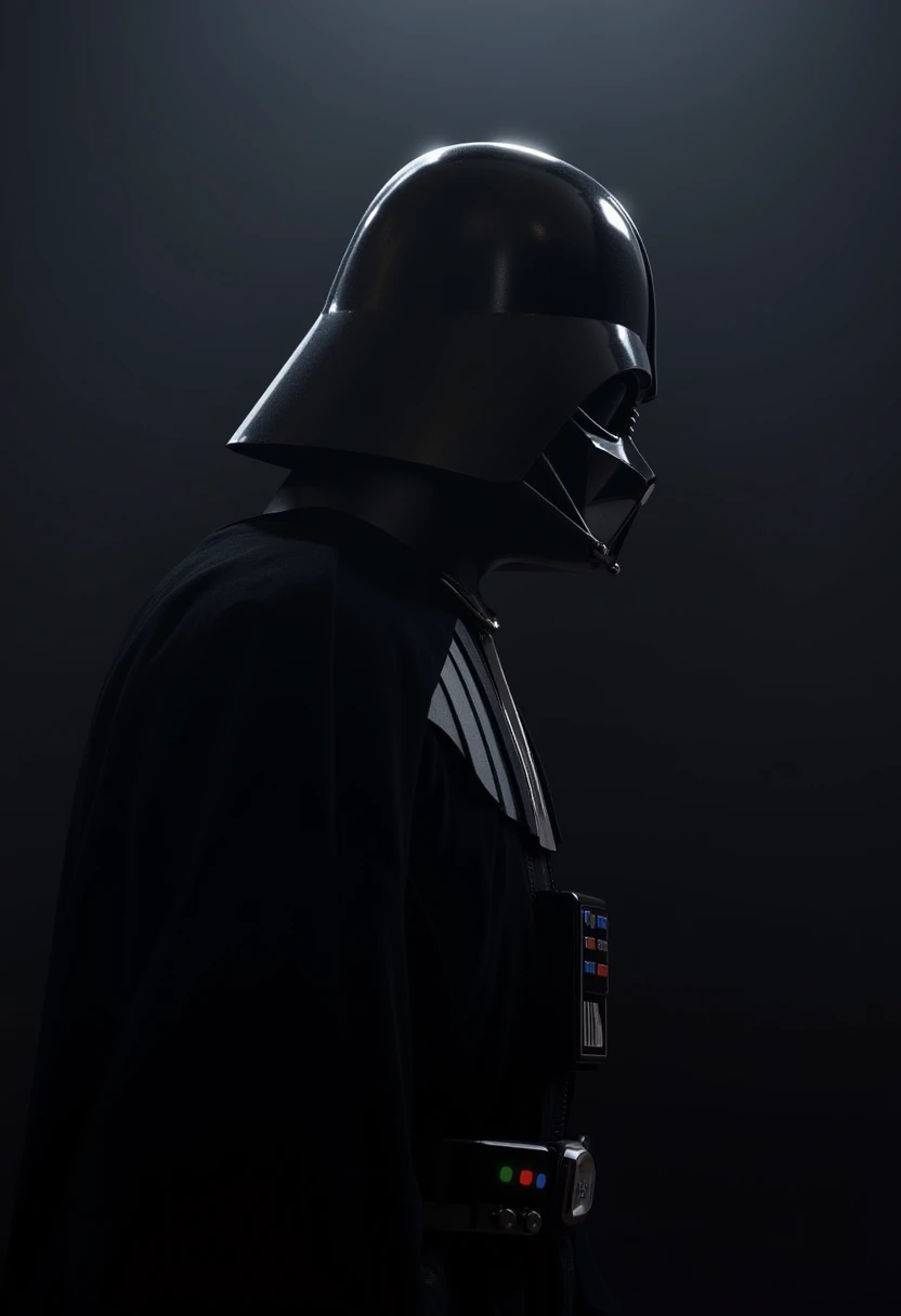 The image is a CGI-rendered artwork depicting Darth Vader from the Star Wars universe. The character is shown in a dramatic, dark, and atmospheric setting. Darth Vader, clad in his iconic black armor, stands in profile. The helmet, made of a reflective, shiny material, partially obscures his face, casting a sinister, shadowy aura. His helmet features a distinctive, angular design indicating the ominous, glowing red lightsaber.