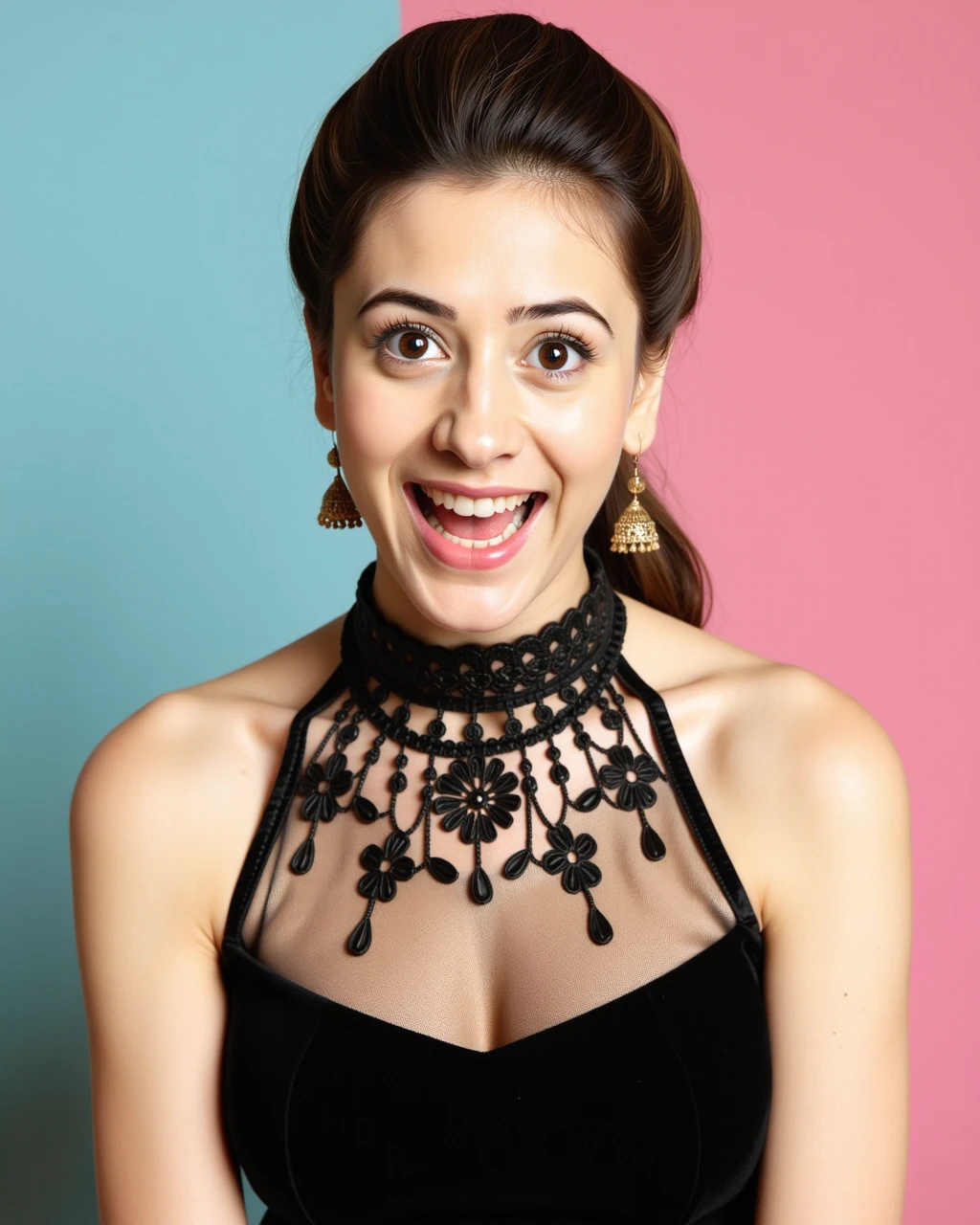 headshot photo of hiba nawab woman,candid photo with natural colors, shouting expression on face,studio quality, wearing intricate high neck elegant Black sleeveless Indo-Western Gown, high ponytail, pastel shaded multicolored background, cinematic lighting<lora:TestBed\Hiba_Nawab_Flux_Kohya_V1-000006.safetensors:1.0:1.0>