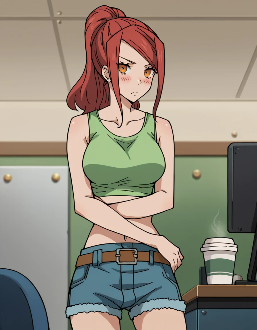 score_9, score_8_up, score_7_up, source_anime, <lora:lisa-isaribe-s1-ponyxl-lora-nochekaiser:1>, lisa isaribe, long hair, ponytail, red hair, orange eyes, large breasts,, navel, shorts, midriff, belt, pants, crop top, tank top, denim, jeans, cutoffs, green tank top, home office, working from home, computer screen, coffee cup, focus, deadline, , hands on stomach, blush,, looking at viewer, solo,, dutch angle, cowboy shot