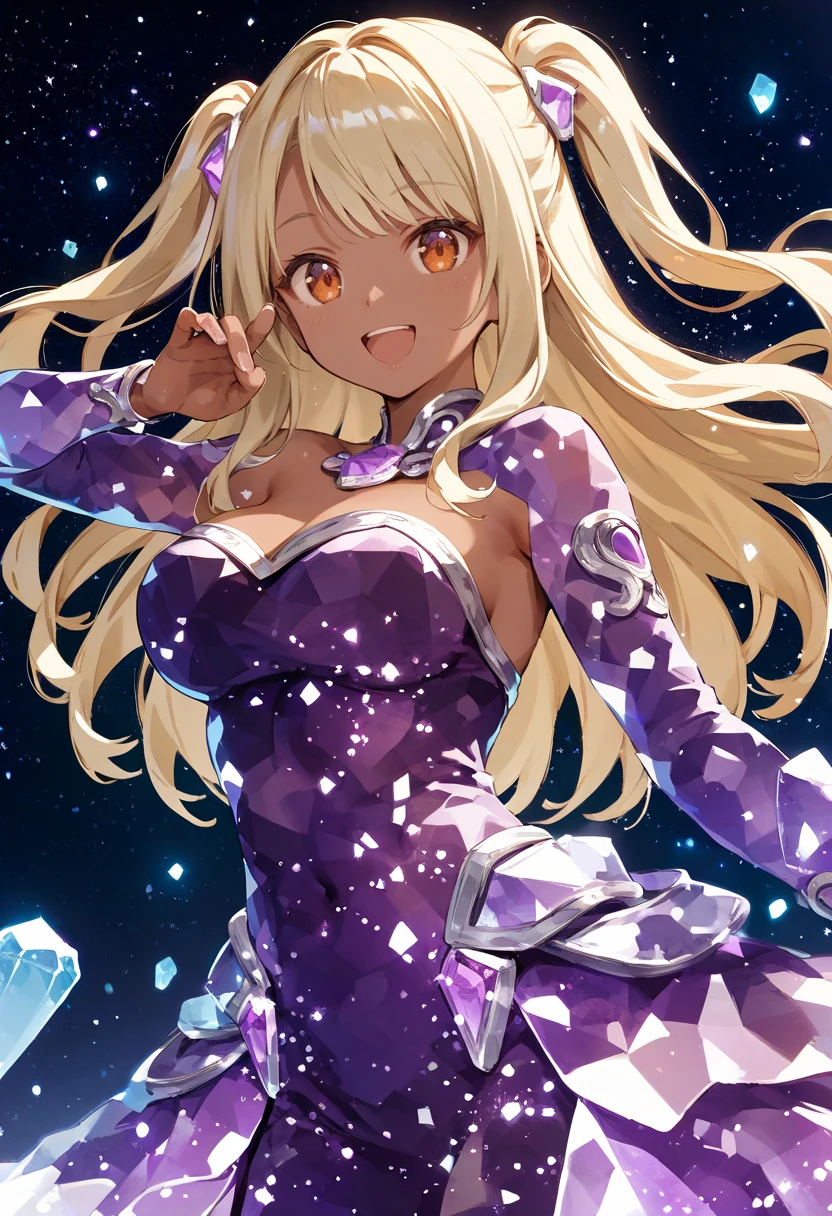 score_9, score_8_up, score_7_up, source_anime, perfect anatomy, ((outlined outlined vector graphics)), ,cute face, ,cute face,simple background,outdoors, starry night,
1girl , solo, 20yo, (large breast:1.2), orange eyes, (blonde hair:1.3),long hair, (two side up:1.1), (dark skin:1.6), dark skin girl, (tall:1.2), (abs:0.7),bangs, background,fantasy,,  standing ,  action pose ,glittering, glimmering,  crystal dress, crystal outfit, crystal clothes, amethyst dress, amethyst outfit ,clothed,  ,(smile:1.0)     ,(bitch:1.2)   ,(ecstacy:1.0)   ,(happy:1.0) , (heart:0)  ,,   open eyes  ,  open mouth, pants, no sleeves. <lora:crystal-clothes-001:0.8> <lora:amethyst-outfit-001:1>