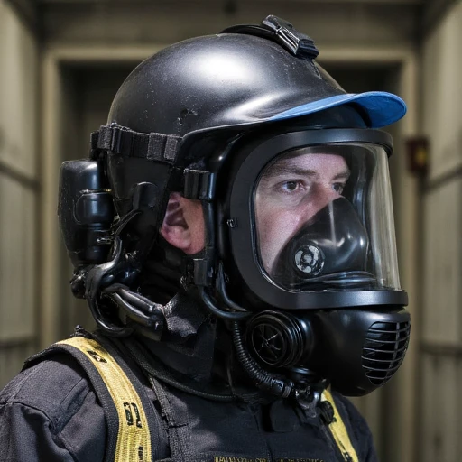 is clad in a full-body hazmat suit that includes a helmet with a blue visor and a gas mask, goggles, circular filter housing at the center. The filter housing has small, designed for use in hazardous environments. It has a sleek, featuring a clear, yellow letters on the back. He wears a black helmet with a clear visor and a tactical headset with a microphone., with a glossy finish that gives it a sleek appearance.   The respirator features a clear