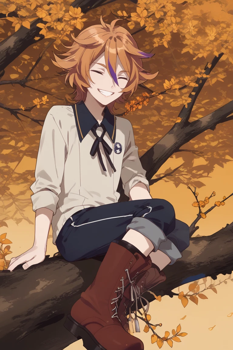 score_9, score_8_up, score_7_up, score_6_up, gotou toushirou, orange hair, orange eyes, hanamaru style, 1boy, male focus, in tree, branch, smile, closed eyes, sitting, grin, tree, solo, flower, boots, sitting in tree, ^ ^, beige shirt