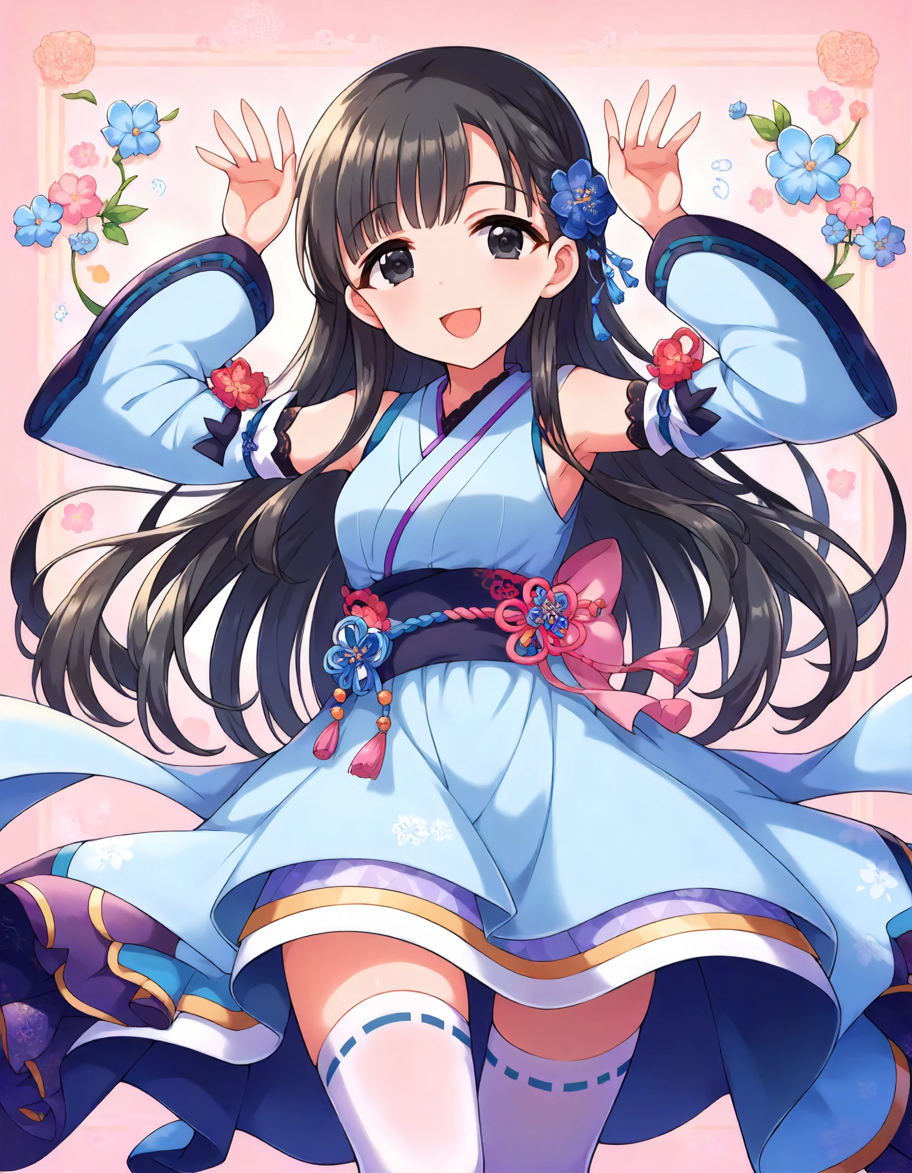 score_9,score_8_up,score_7_up,1girl,solo,standing,smile,open mouth,looking at viewer,arms up,patterned background,
<lora:kobayakawasae_ponyXLV6:0.8>,cgkse,
black hair,long hair,black eyes,
hair flower,blue kimono top,sleeveless,detached sleeves,white thighhighs