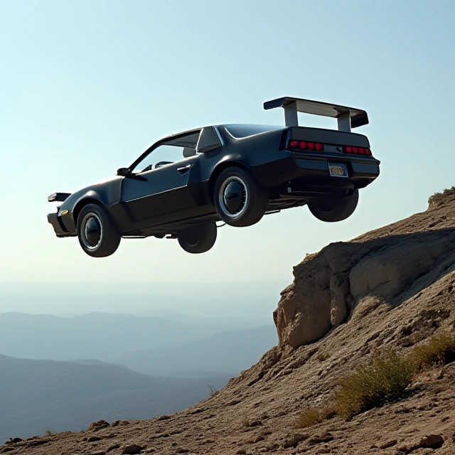 The car flying in high sky, wheel away ground, over cliff, vehicle focus, kitt from knight rider, matte black pontiac trans am, streamline bodywork, glow effect, retro film grain texture, futuristic sports car, futuristic spoiler at the rear wing, mountain, rocks, nature, <lora:SuperPursuitMode:1>